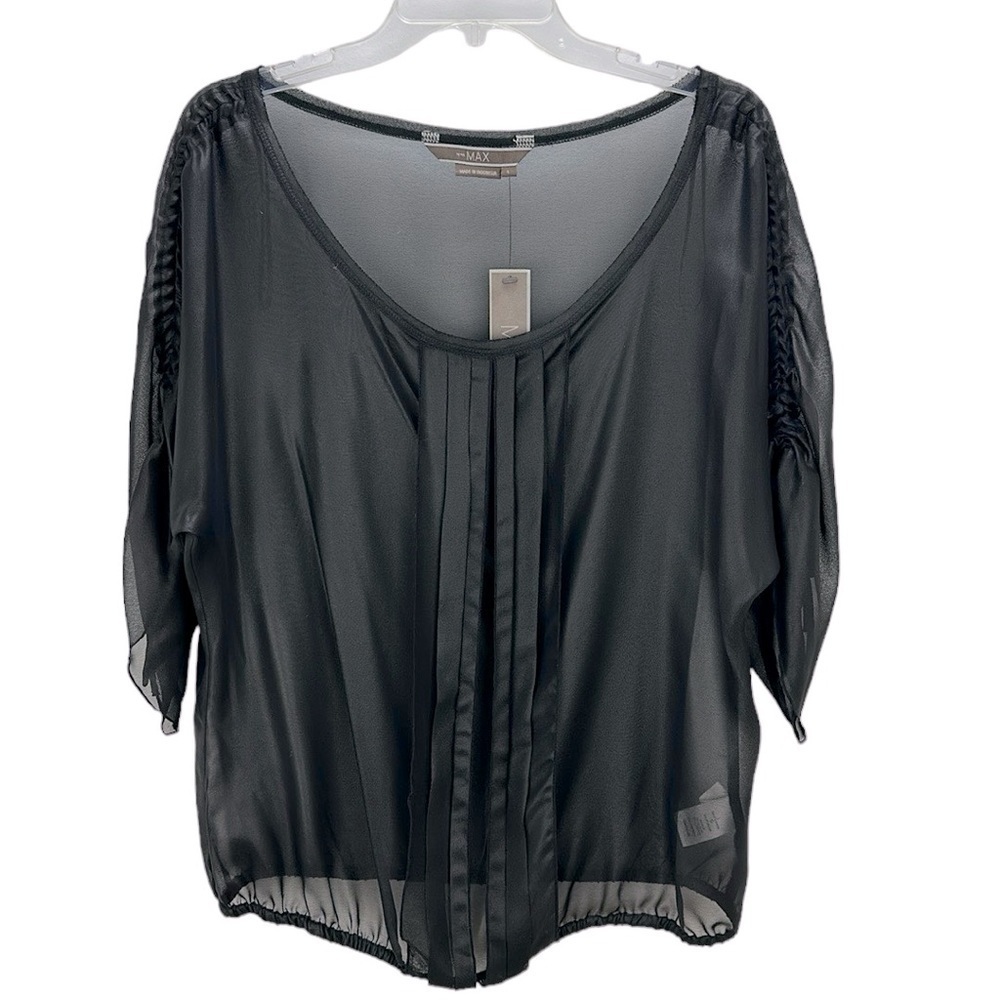 To The Max Black Sheer‎ Ruched Sleeves Pleat Detail Top Blouse L